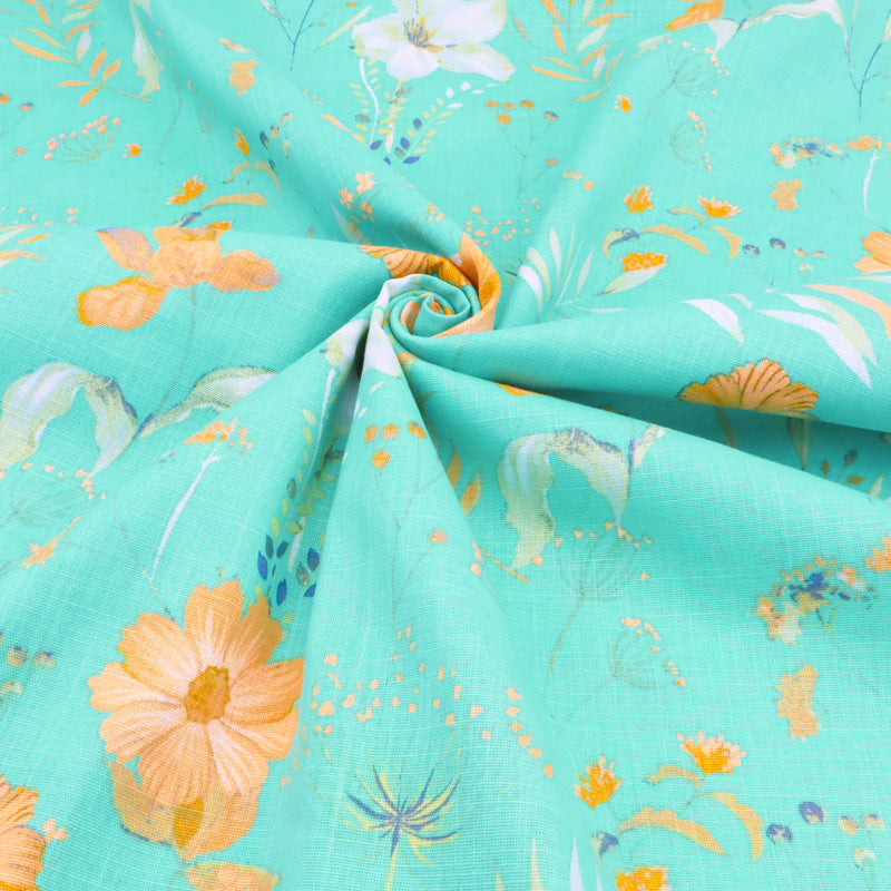 Edith Printed Cotton Linen Dressmaking Fabric - Flowers on Aqua