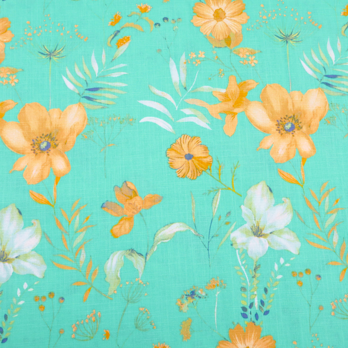 Edith Printed Cotton Linen Dressmaking Fabric - Flowers on Aqua