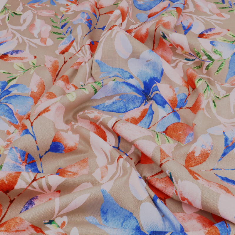 Edith Printed Cotton Linen Dressmaking Fabric - Coloured Leaves on Stone