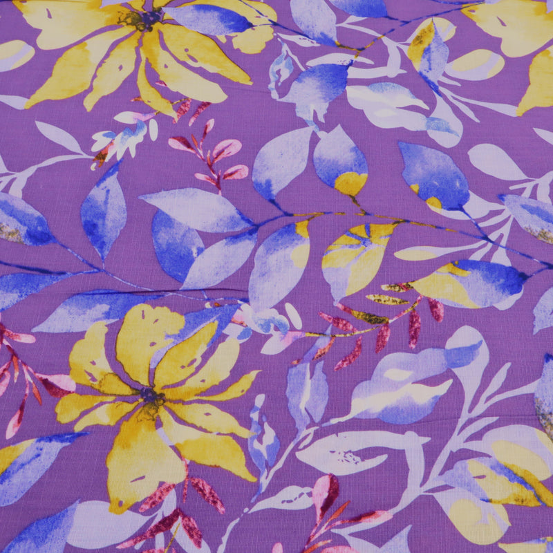 Edith Printed Cotton Linen Stretch Dressmaking Fabric - Leaves on Lavender