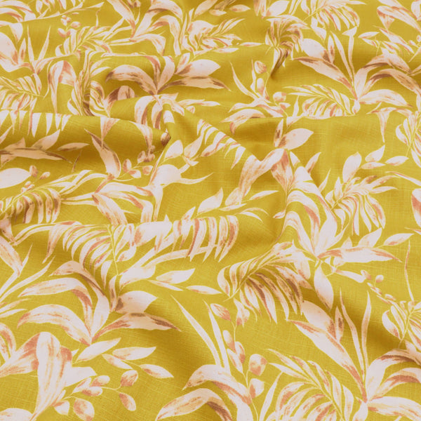 Edith Printed Cotton Linen Dressmaking Fabric - Leaves on Mustard