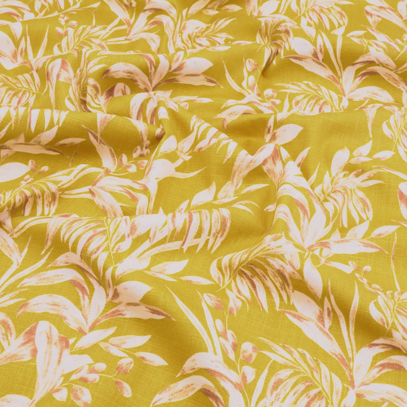 Edith Printed Cotton Linen Dressmaking Fabric - Leaves on Mustard