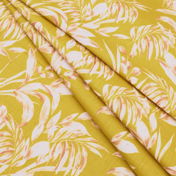Edith Printed Cotton Linen Dressmaking Fabric - Leaves on Mustard