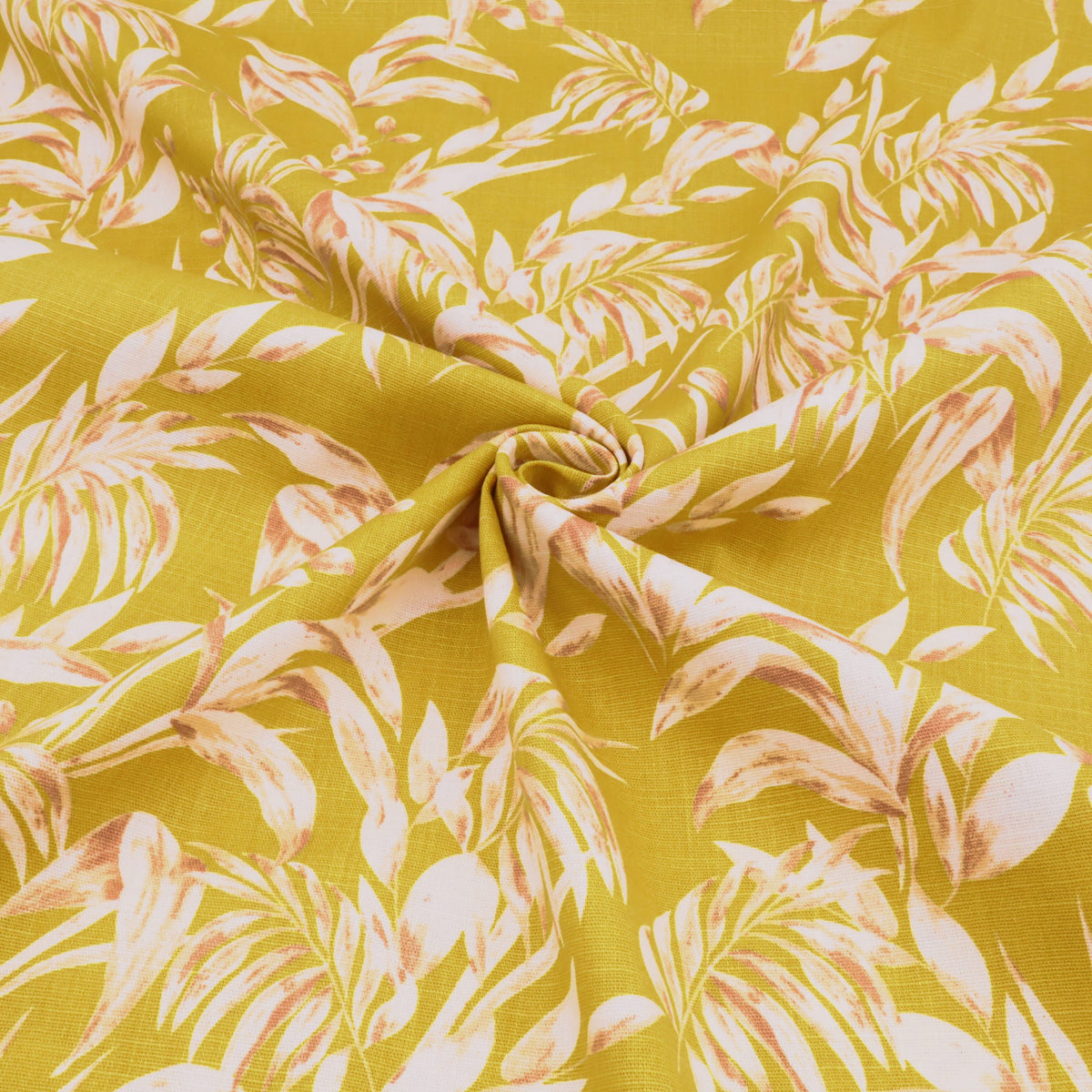 Edith Printed Cotton Linen Dressmaking Fabric - Leaves on Mustard
