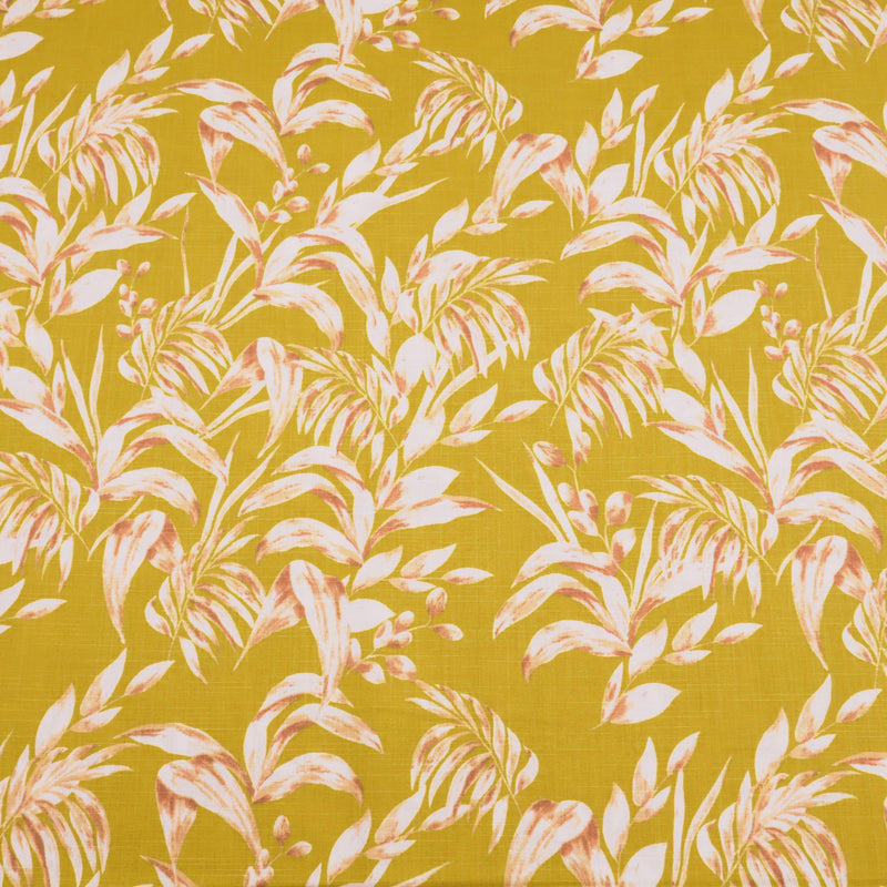 Edith Printed Cotton Linen Dressmaking Fabric - Leaves on Mustard