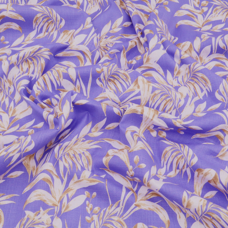 Edith Printed Cotton Linen Dressmaking Fabric - Leaves on Purple