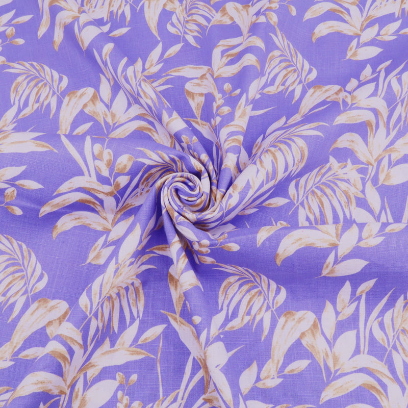 Edith Printed Cotton Linen Dressmaking Fabric - Leaves on Purple