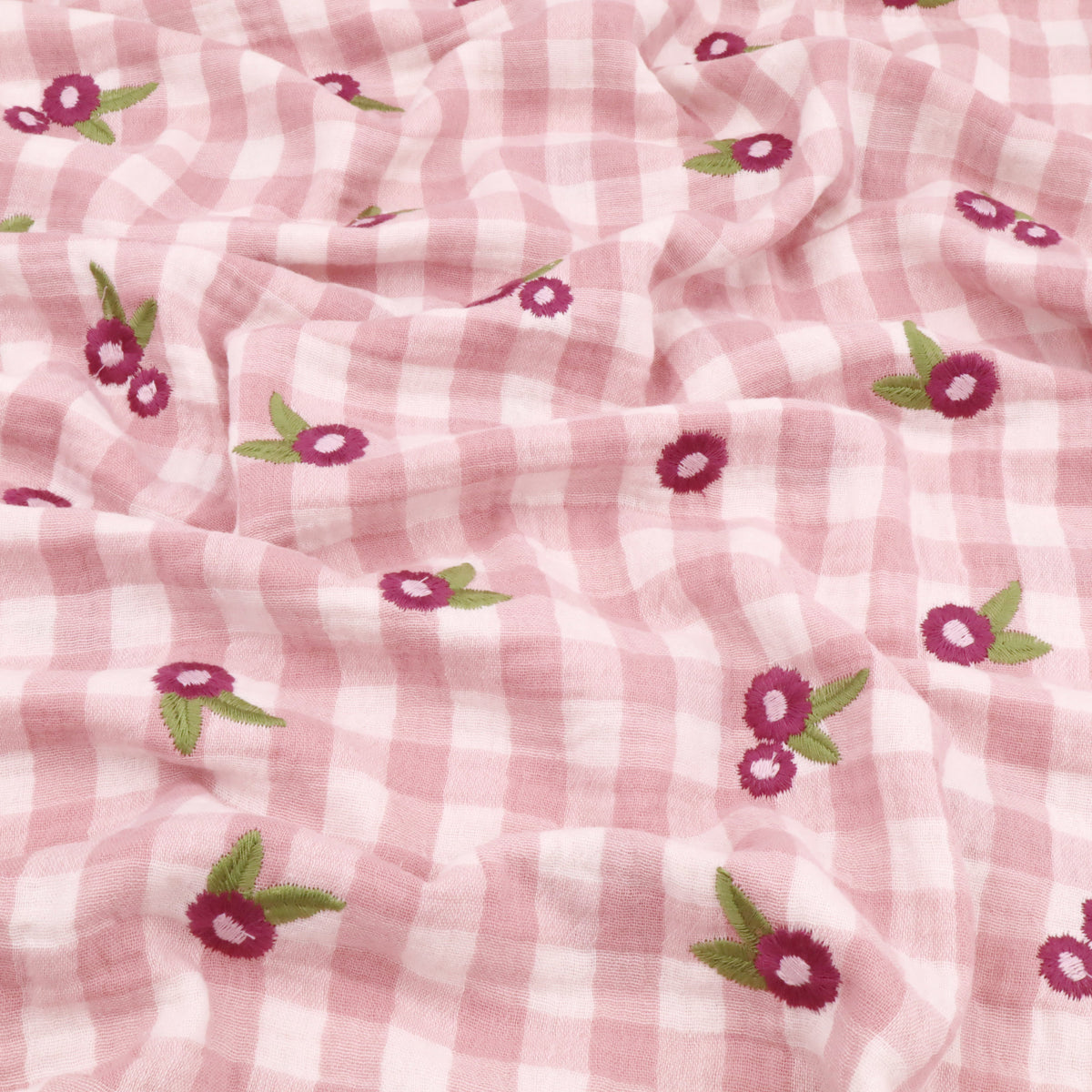 Embroidered Flowers Checked Double Gauze Dressmaking Fabric - Mauve