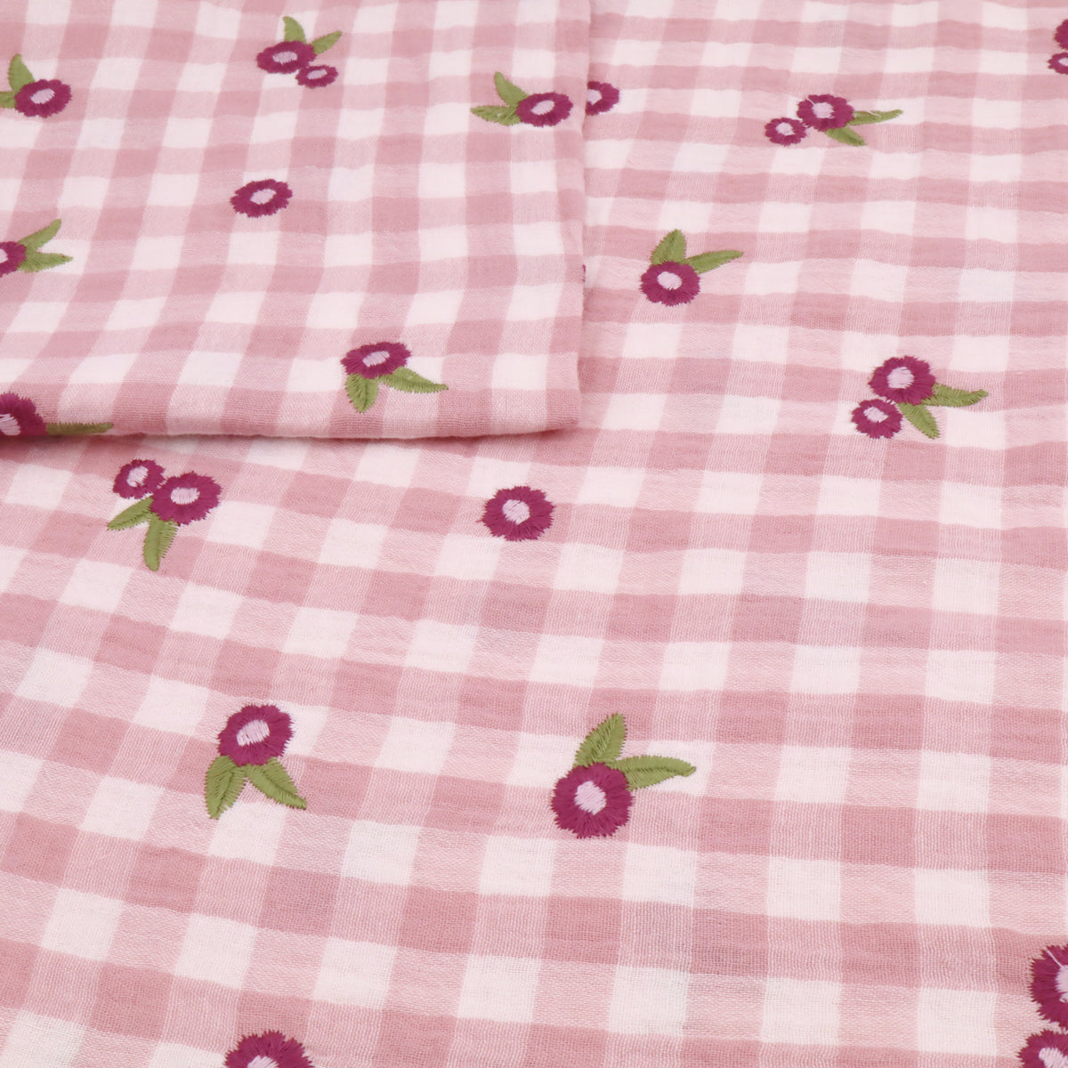Embroidered Flowers Checked Double Gauze Dressmaking Fabric - Mauve