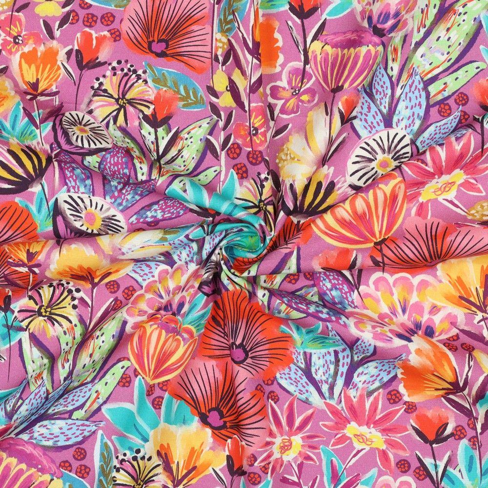 Fantasy Flowers on Cotton Poplin Dressmaking Fabric - Fuchsia ...