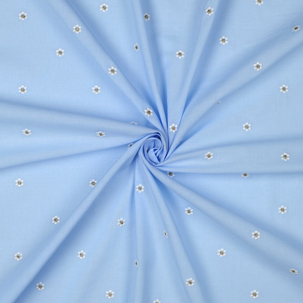 Fine Cotton Voile Printed Embroidery Dressmaking Fabric - Blue Lurex Flowers