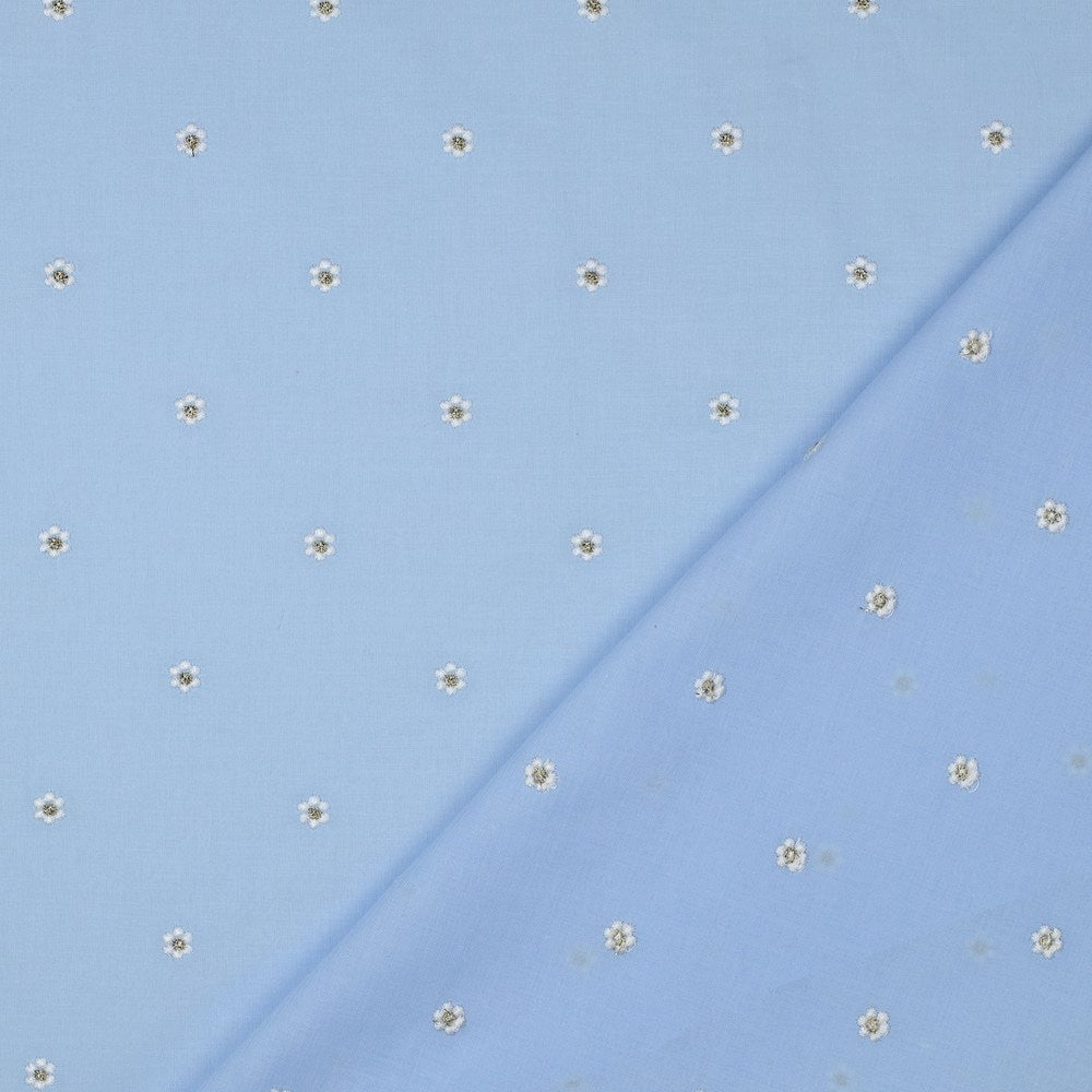 Fine Cotton Voile Printed Embroidery Dressmaking Fabric - Blue Lurex Flowers