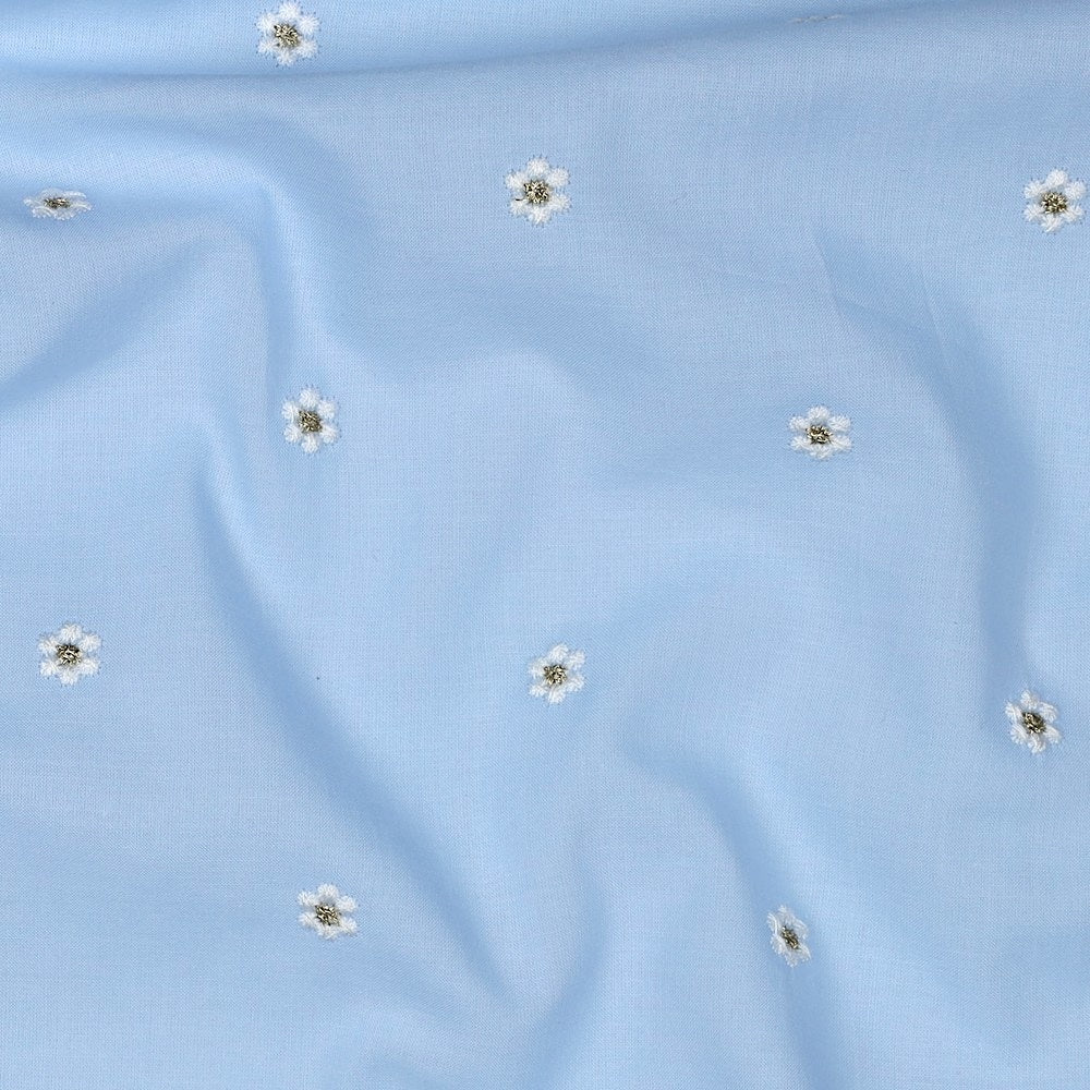 Fine Cotton Voile Printed Embroidery Dressmaking Fabric - Blue Lurex Flowers