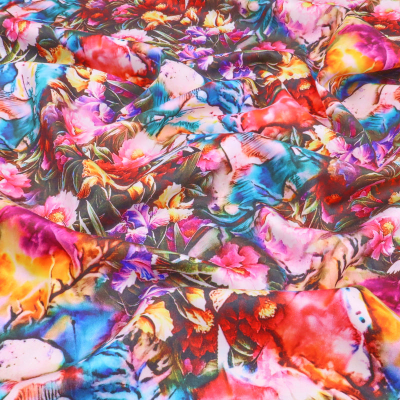 Fleur Luxury Pure Cotton Satin Sateen Dressmaking Fabric - Black Floral Bloom