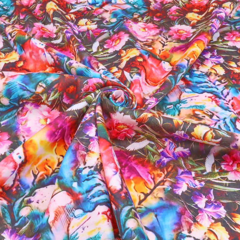 Fleur Luxury Pure Cotton Satin Sateen Dressmaking Fabric - Black Floral Bloom