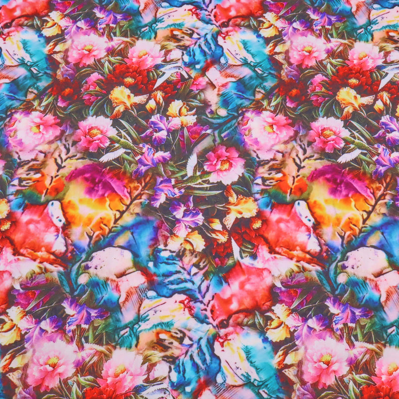 Fleur Luxury Pure Cotton Satin Sateen Dressmaking Fabric - Black Floral Bloom