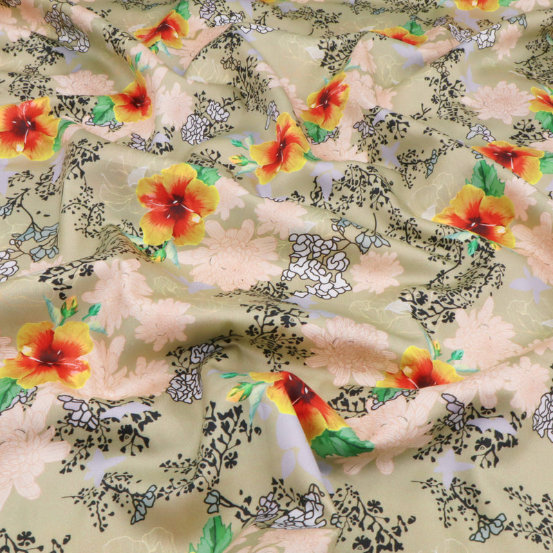 Fleur Luxury Pure Cotton Satin Sateen Dressmaking Fabric - Flowers on Old Green