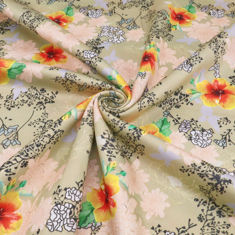 Fleur Luxury Pure Cotton Satin Sateen Dressmaking Fabric - Flowers on Old Green
