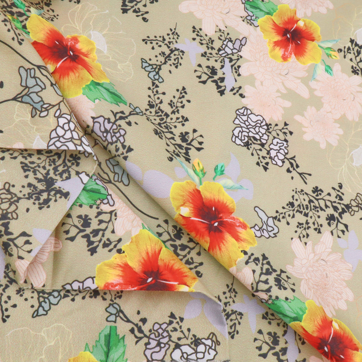 Fleur Luxury Pure Cotton Satin Sateen Dressmaking Fabric - Flowers on Old Green