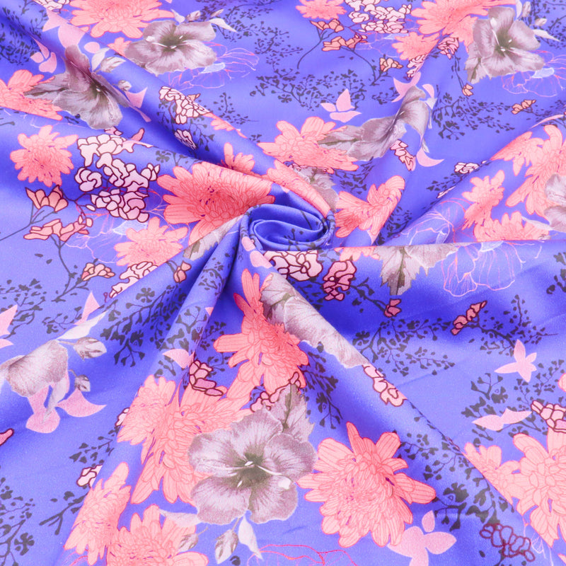 Fleur Luxury Pure Cotton Satin Sateen Dressmaking Fabric - Flowers on Purple