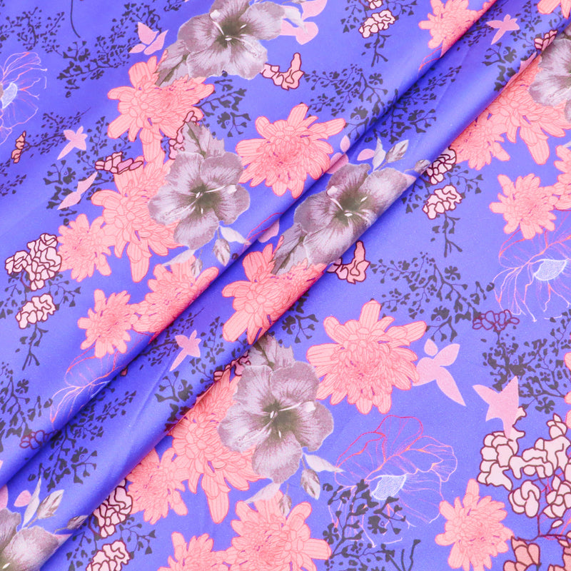 Fleur Luxury Pure Cotton Satin Sateen Dressmaking Fabric - Flowers on Purple