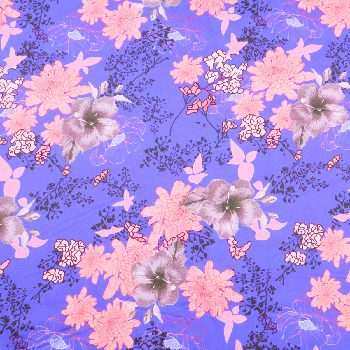 Fleur Luxury Pure Cotton Satin Sateen Dressmaking Fabric - Flowers on Purple