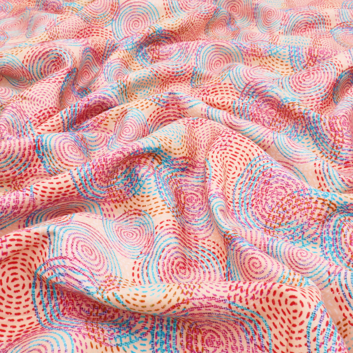 Fleur Luxury Pure Cotton Satin Sateen Dressmaking Fabric - Salmon Pink Mesmerizing Circles