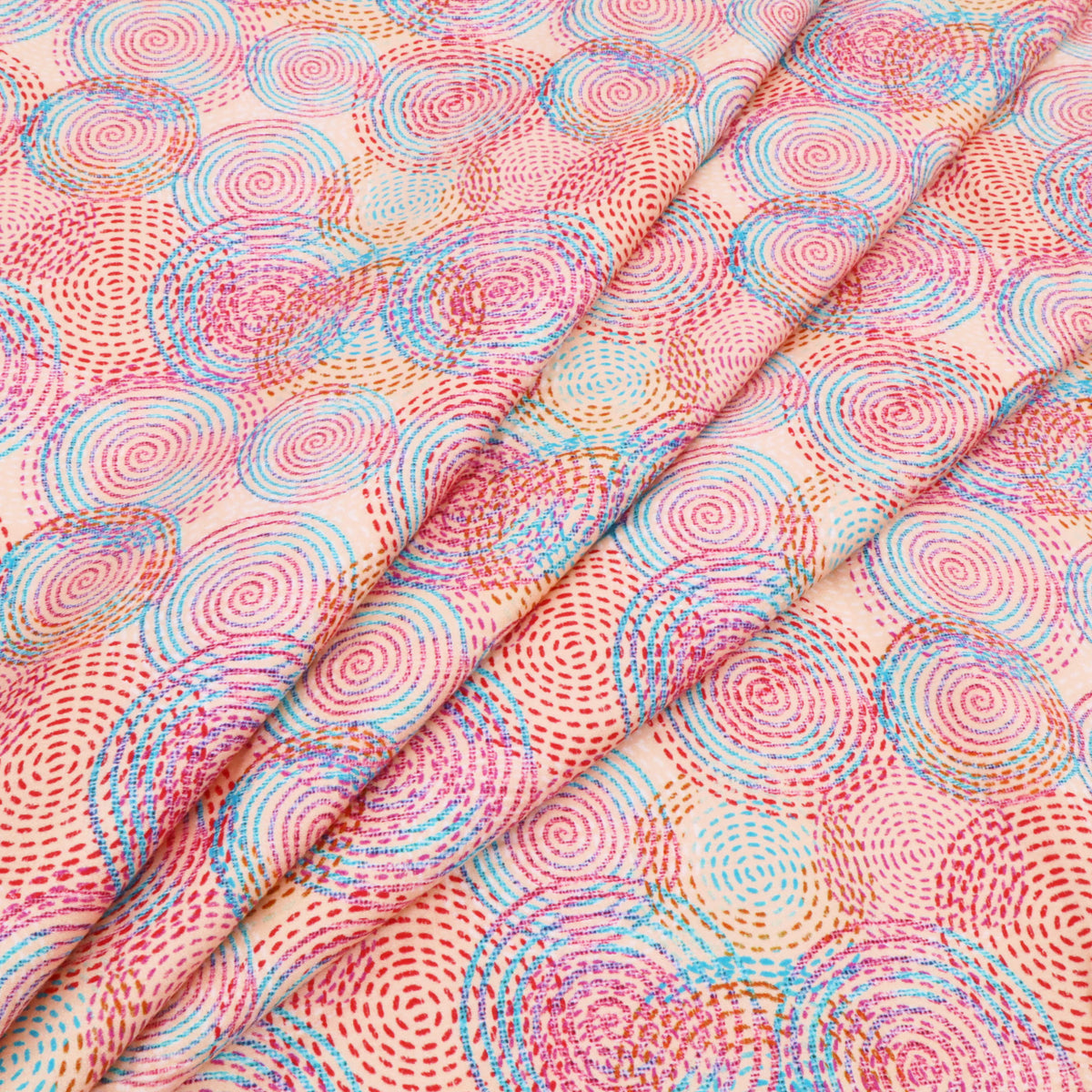 Fleur Luxury Pure Cotton Satin Sateen Dressmaking Fabric - Salmon Pink Mesmerizing Circles