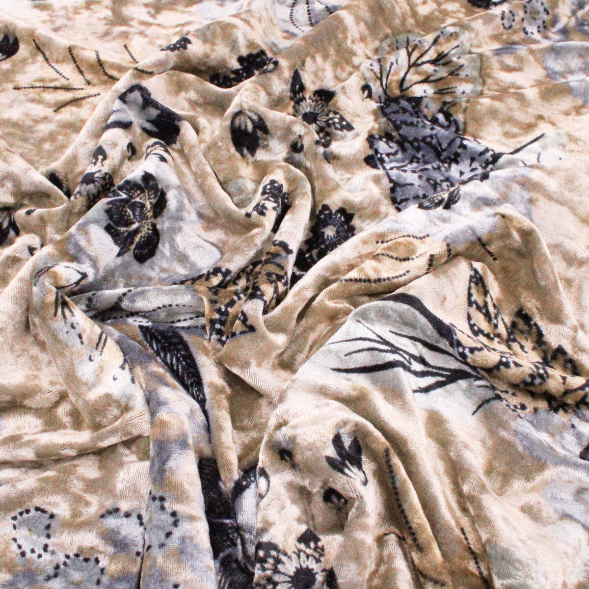Floral Print Velour Velvet Fabric - Beige