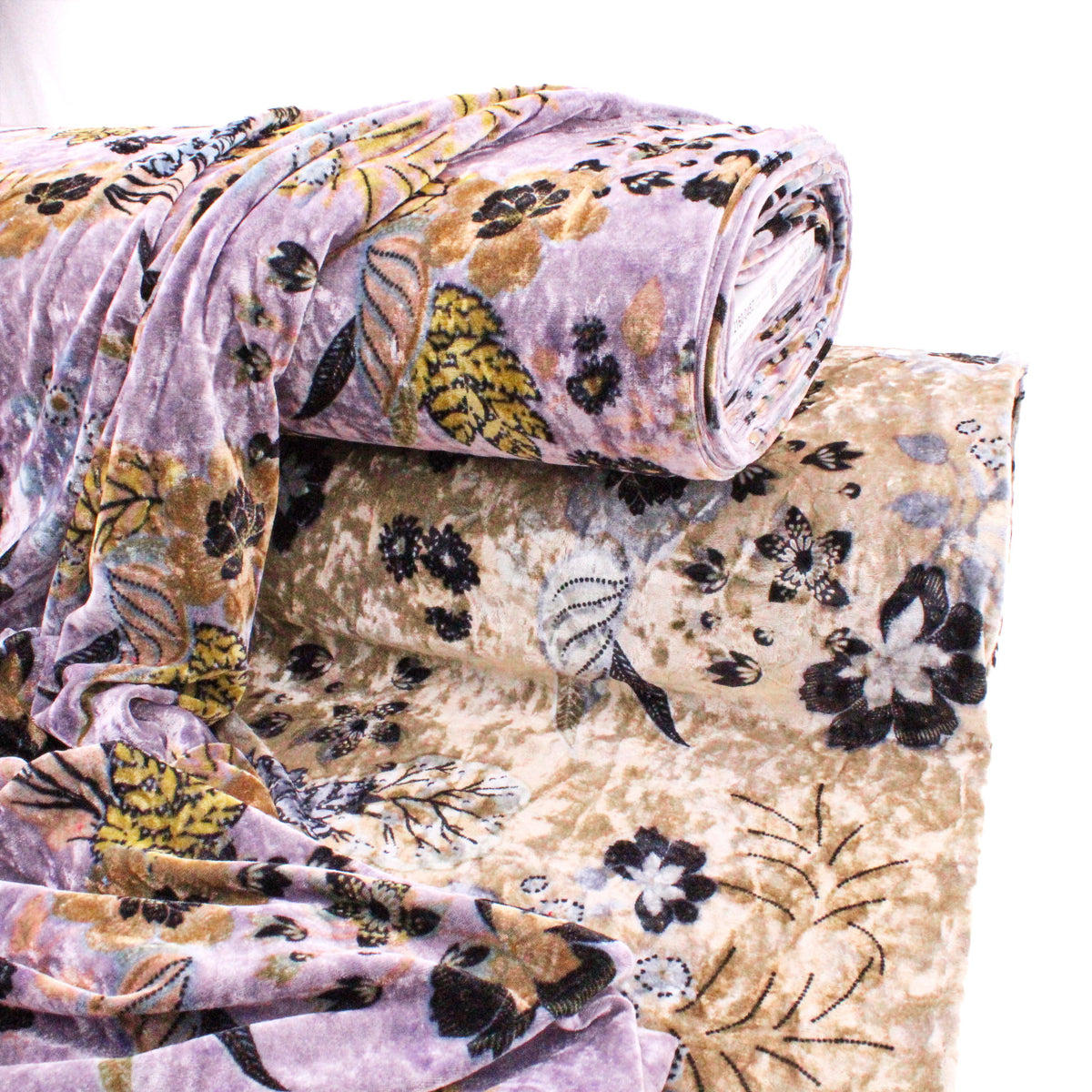 Floral Print Velour Velvet Fabric - Beige