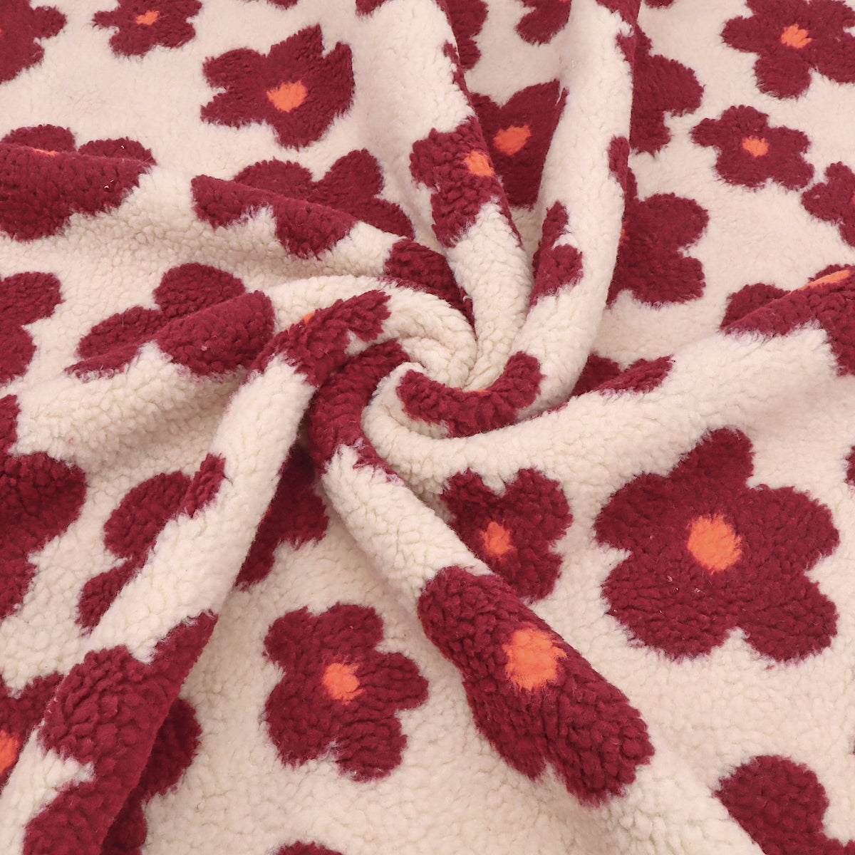 Floral Daisy Teddy Fleece Cosy Sherpa Jacket Borg Coating Fabric - Cream & Burgundy