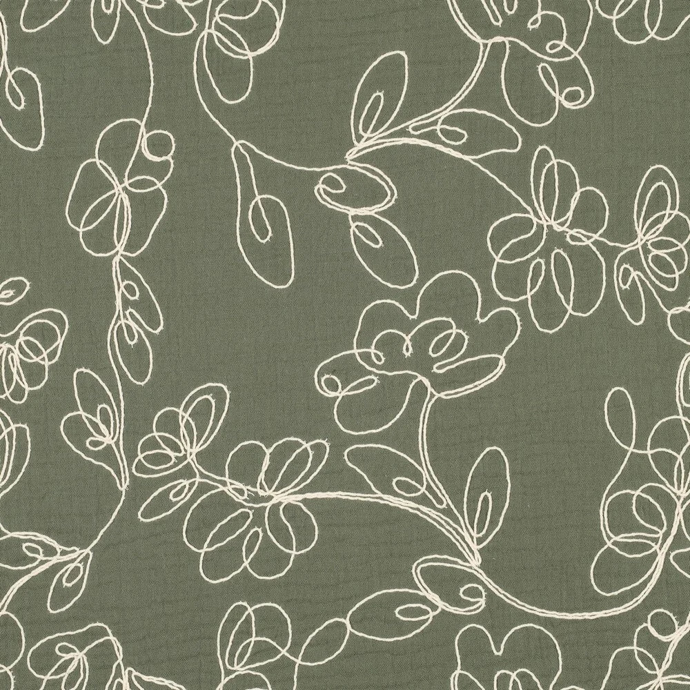 Floral Embroidery Cotton Double Gauze Dressmaking Fabric - Khaki