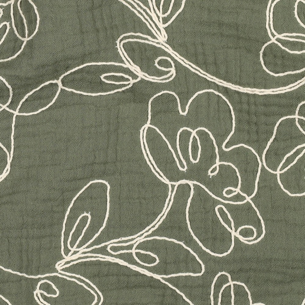 Floral Embroidery Cotton Double Gauze Dressmaking Fabric - Khaki