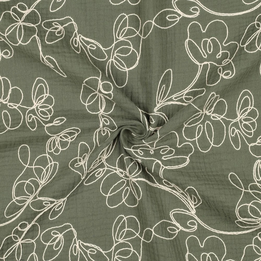 Floral Embroidery Cotton Double Gauze Dressmaking Fabric - Khaki