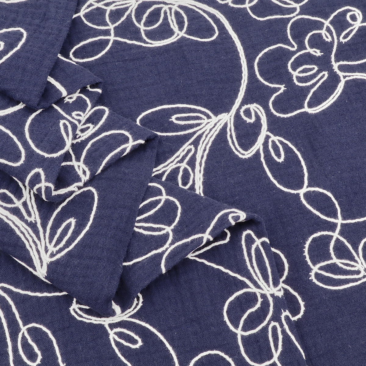 Floral Embroidery Cotton Double Gauze Dressmaking Fabric - Navy