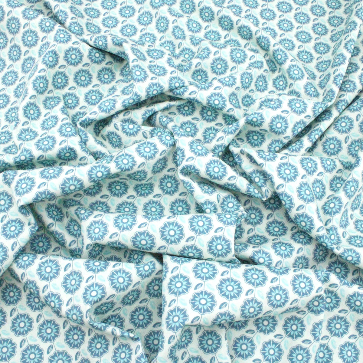 Floral Retro Pop Cotton Poplin - Mint Blue