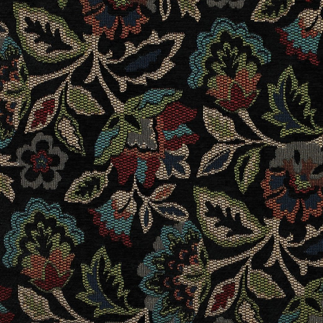 Gobelin Jacquard Woven Chenille Curtain Upholstery Fabric - Black Flowers