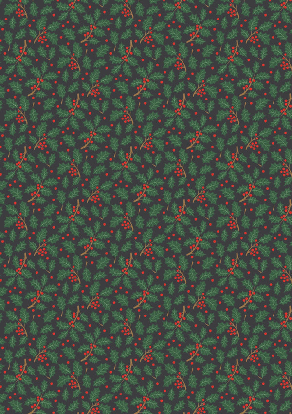 Lewis and Irene Christmas All is Bright by Stuart Hillard Cotton Quilting Patchwork Craft Pre Shrunk Fabric - Holly on Black