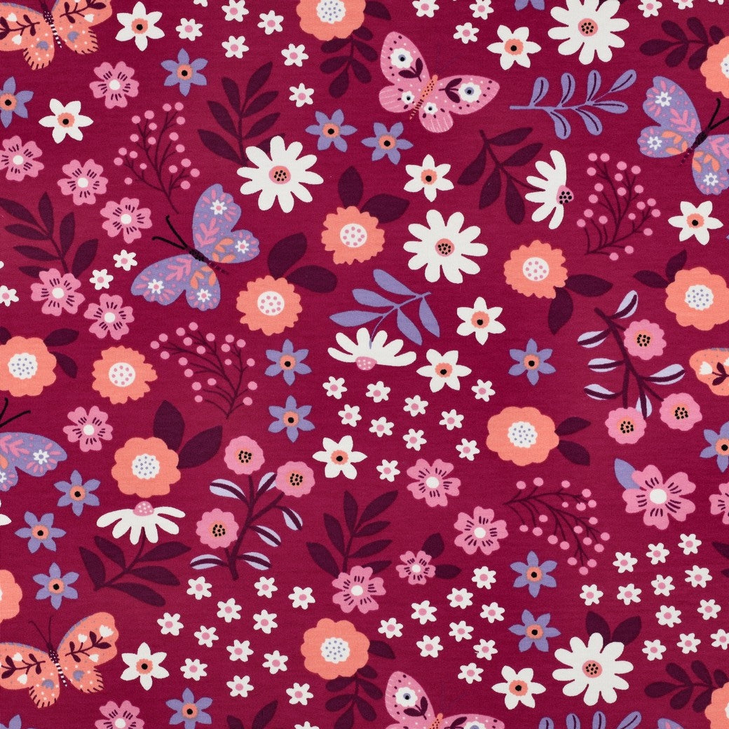 Indiana Cotton French Terry Stretch Fabric - Flowers & Butterflies Magenta