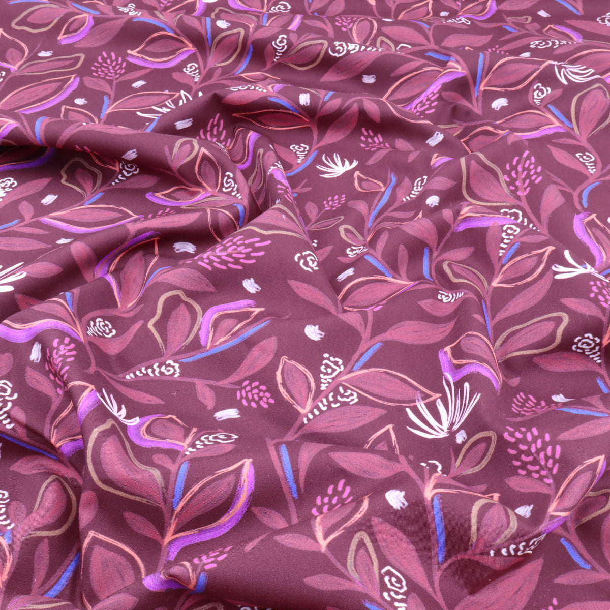Julienne Printed Fine Cotton Poplin Dressmaking Fabric - Bordeaux Leaves