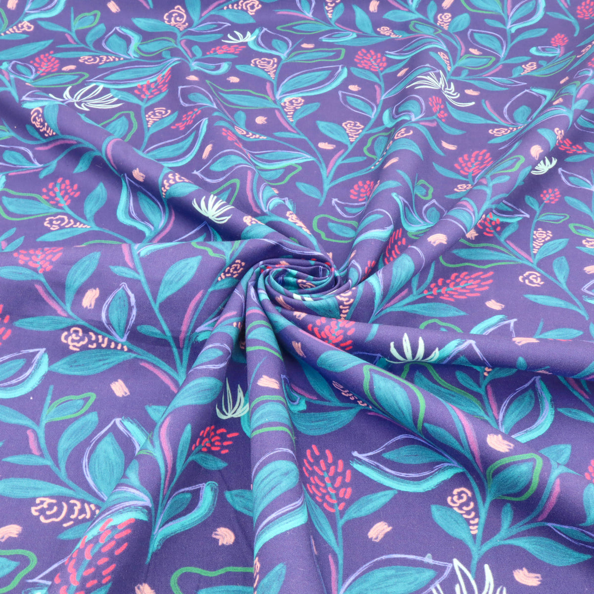 Julienne Printed Fine Cotton Poplin Dressmaking Fabric - Cobalt Leaves
