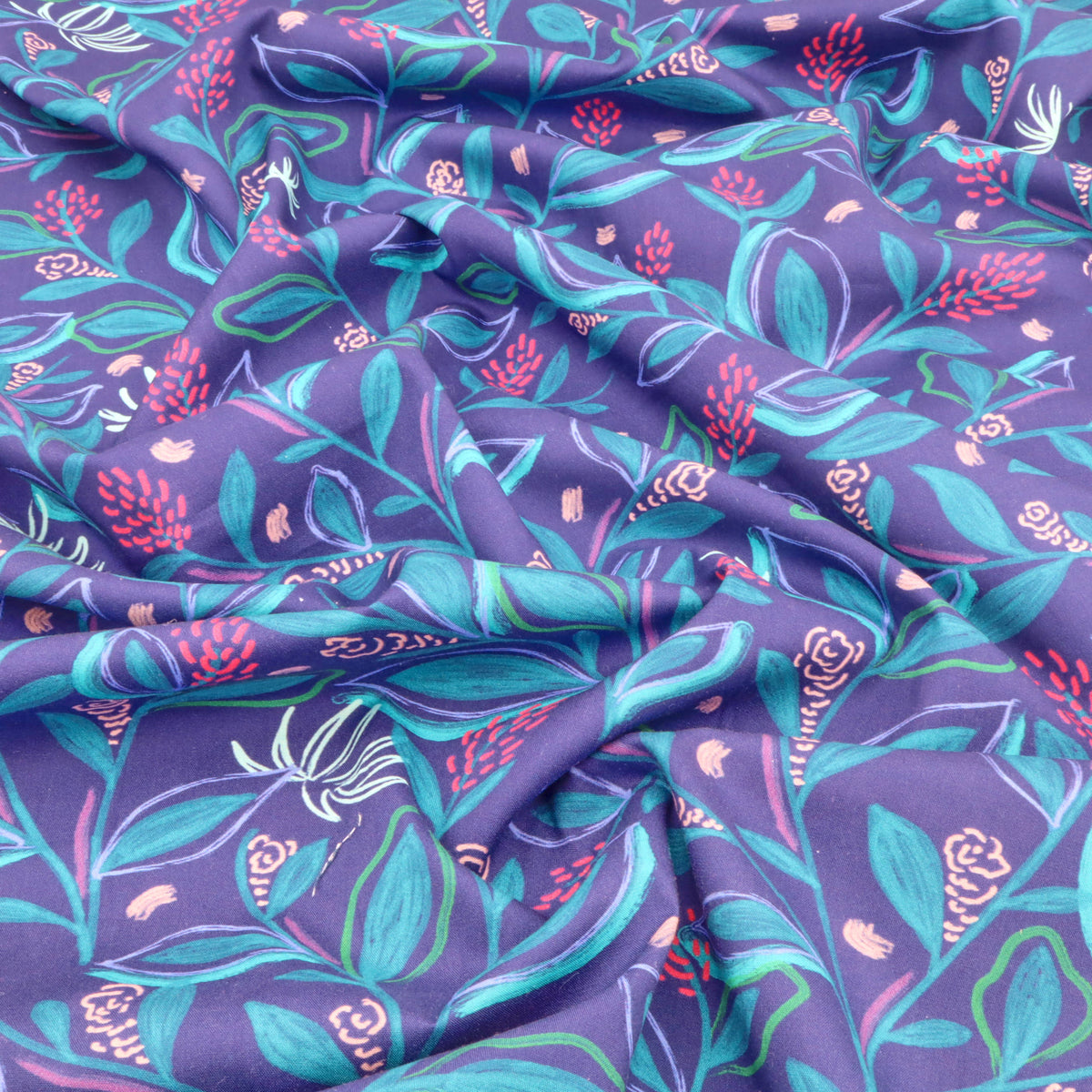 Julienne Printed Fine Cotton Poplin Dressmaking Fabric - Cobalt Leaves