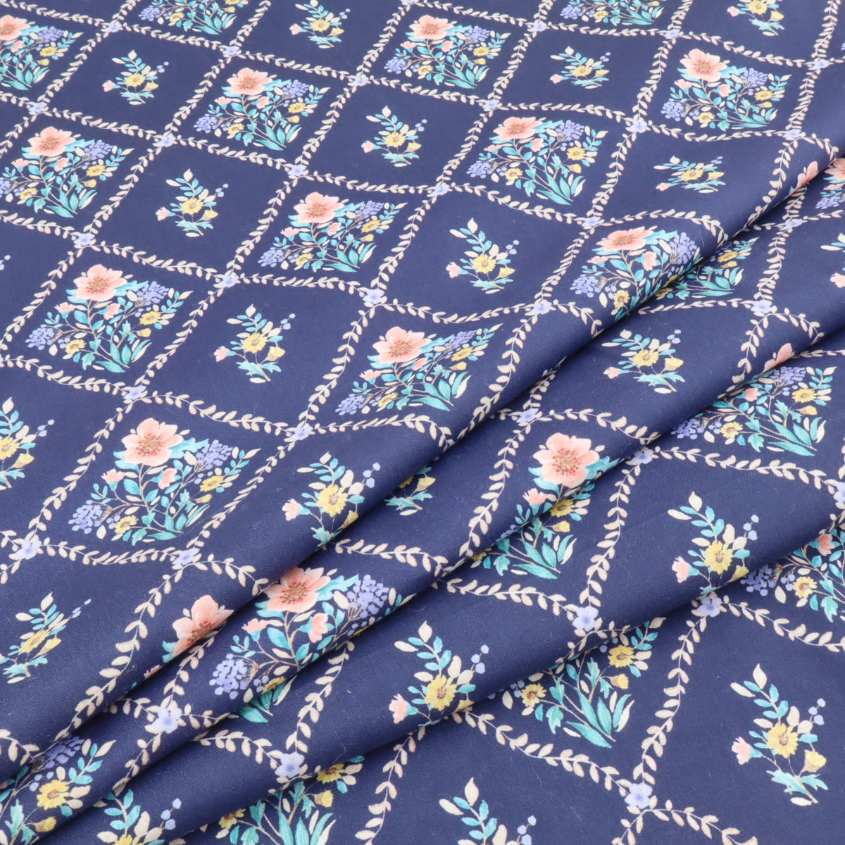 Julienne Printed Fine Cotton Poplin Dressmaking Fabric - Tile Flowers on Navy
