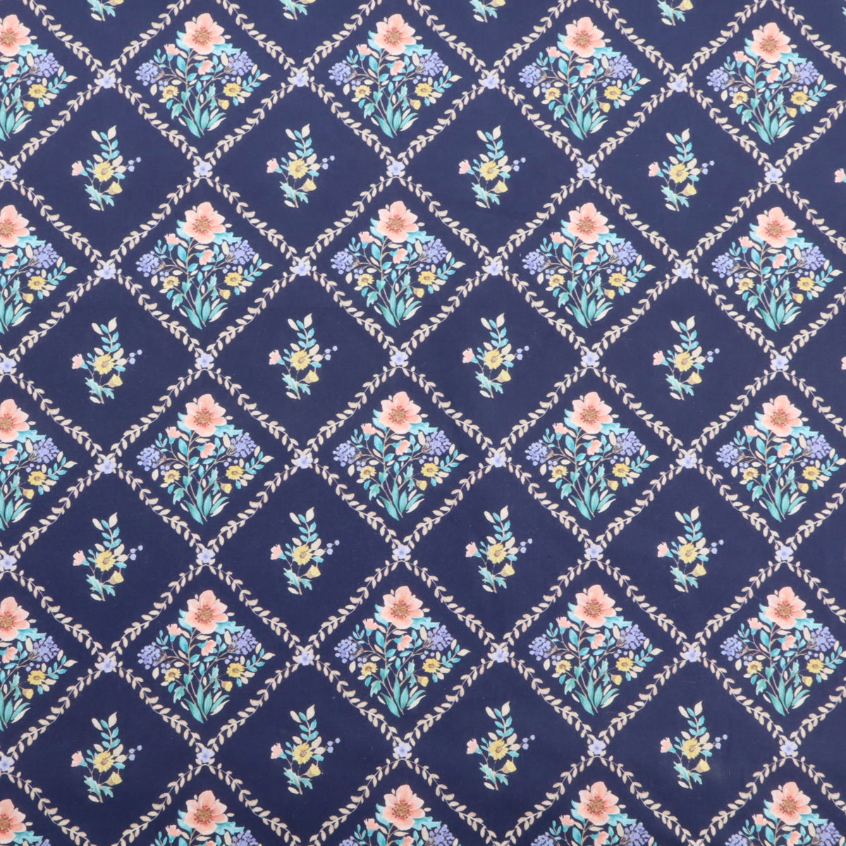 Julienne Printed Fine Cotton Poplin Dressmaking Fabric - Tile Flowers on Navy
