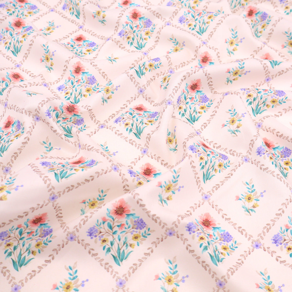 Julienne Printed Fine Cotton Poplin Dressmaking Fabric - Tile Flowers on White