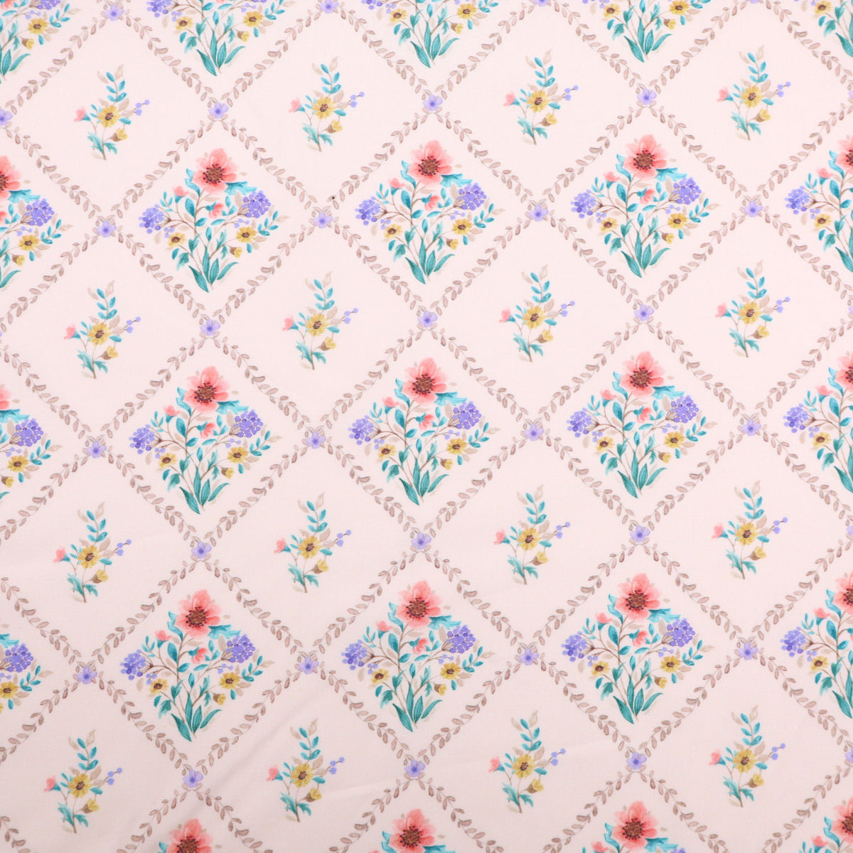Julienne Printed Fine Cotton Poplin Dressmaking Fabric - Tile Flowers on White