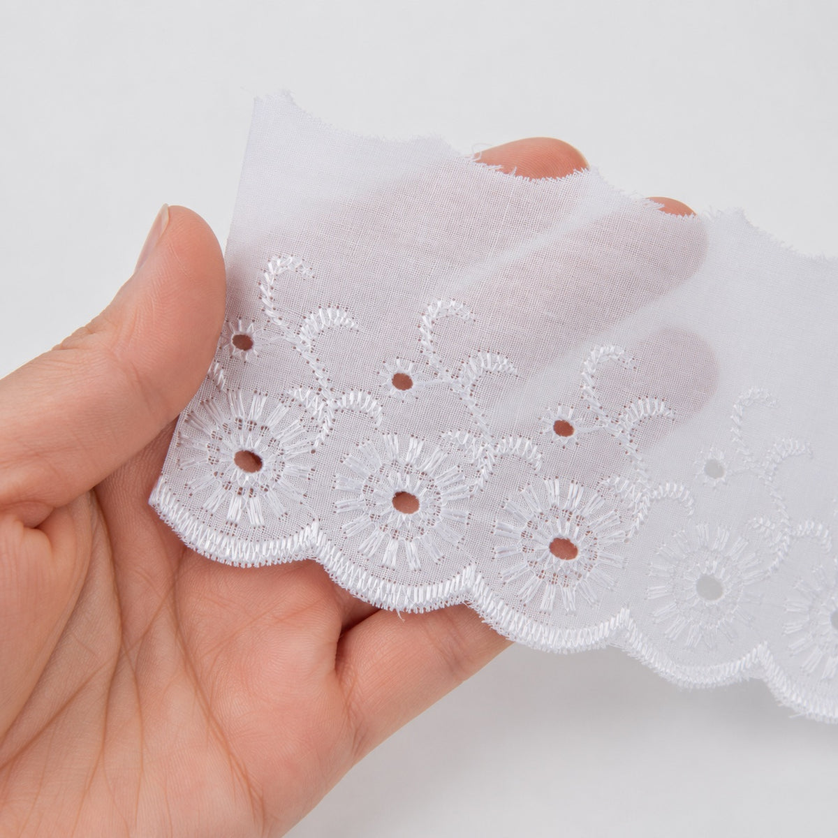 Lace Trim Broderie Anglaise - 75mm White Central Flower Edge