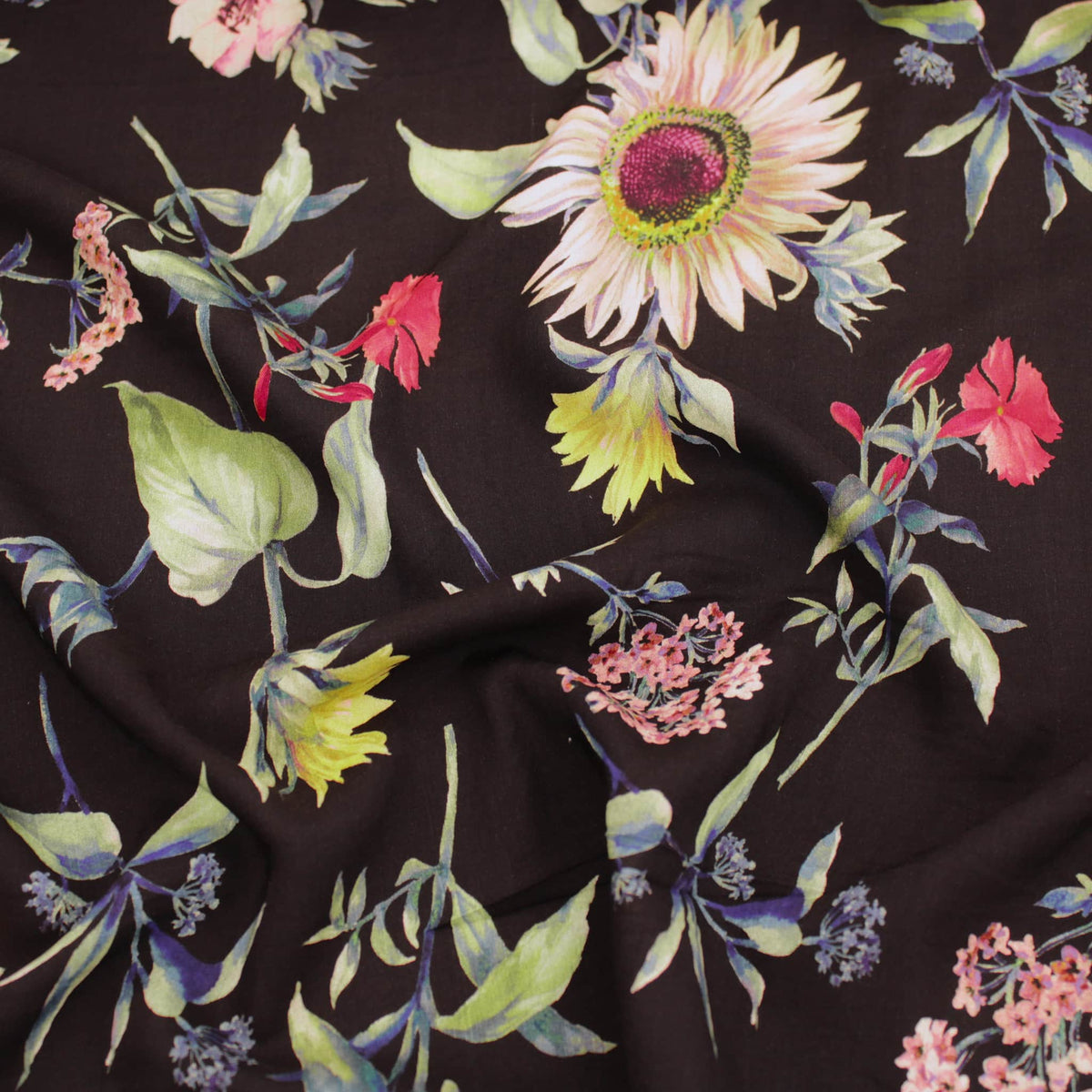Lucille Dressmaking Viscose Challis Fabric Material Black Large Multicoloured Garden Bloom