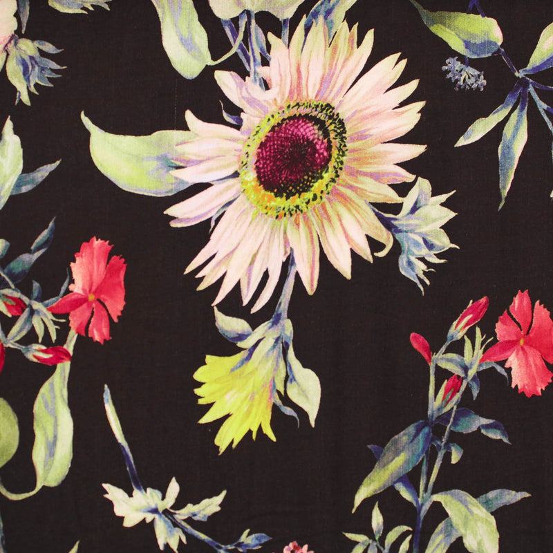 Lucille Dressmaking Viscose Challis Fabric Material Black Large Multicoloured Garden Bloom
