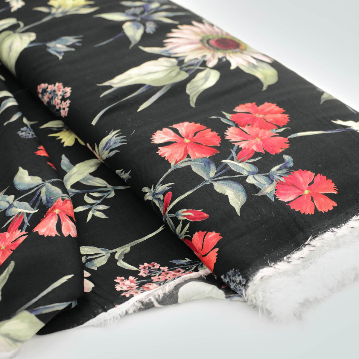Lucille Dressmaking Viscose Challis Fabric Material Black Large Multicoloured Garden Bloom